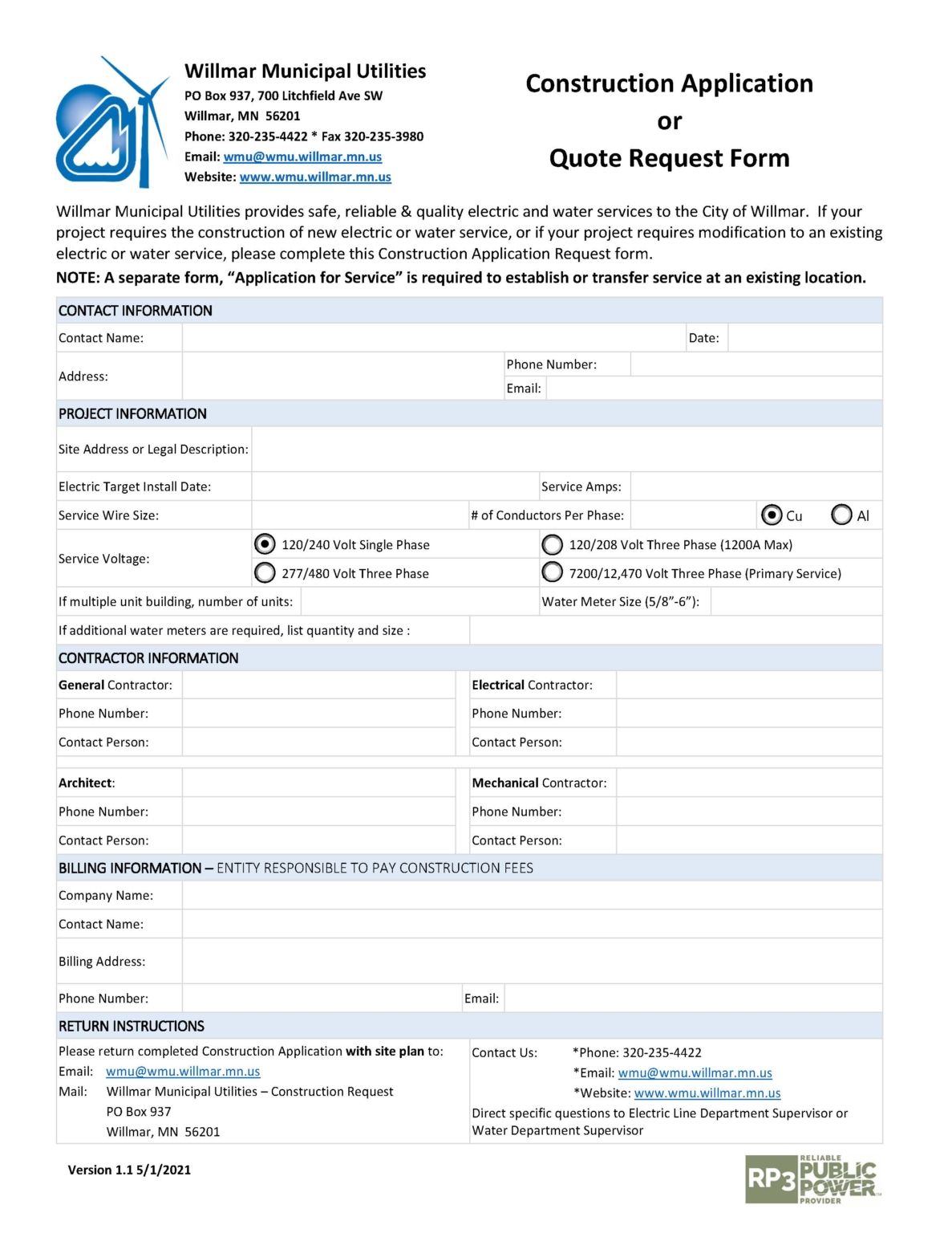Forms for Willmar Public Utilities | Willmar Municipal Utilities